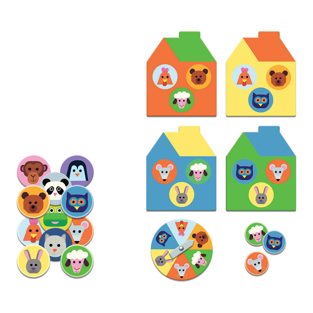 Djeco memo- en loto-spelonderdelen met ronde dierenkaarten en huisvormige speelborden.