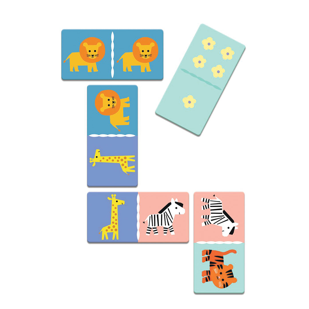 Djeco domino spelstukken met afbeeldingen van wilde dieren zoals leeuwen, giraffen en zebra's.