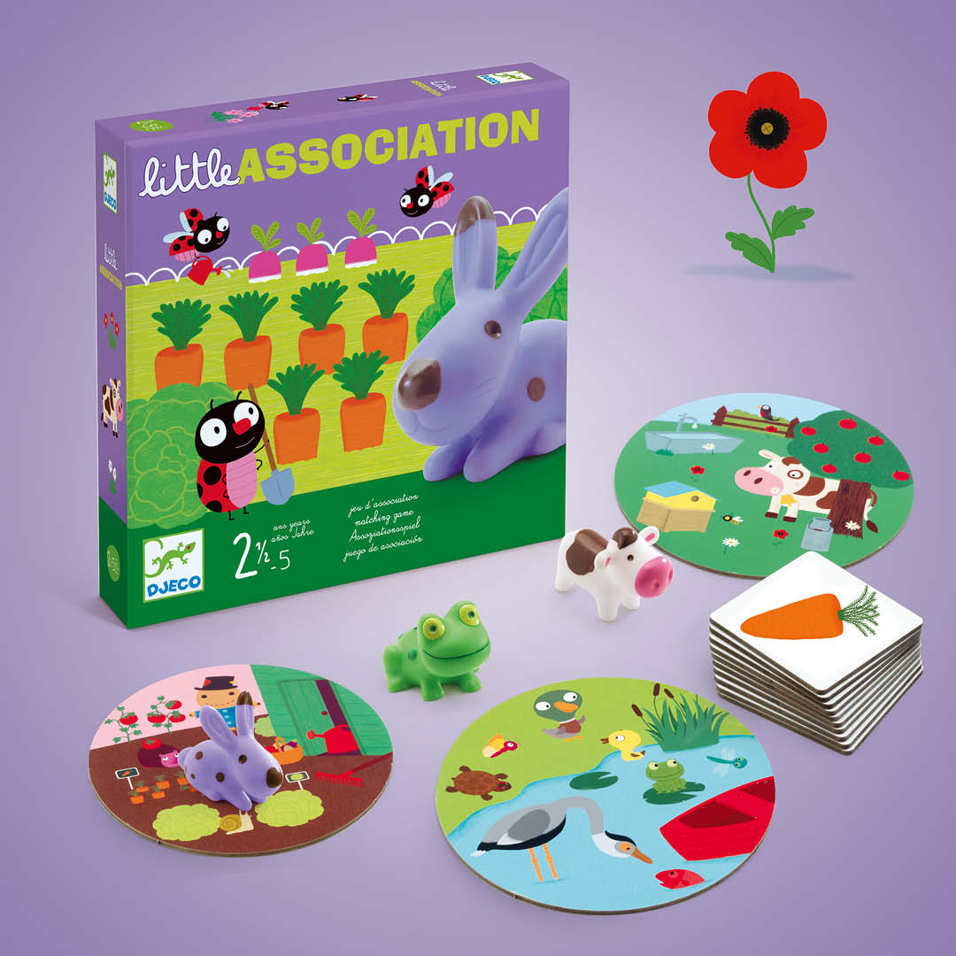 Djeco Little Association associatiespel met de doos, ronde speelborden, kaarten en plastic dierenfiguren van een konijn, kikker en koe.