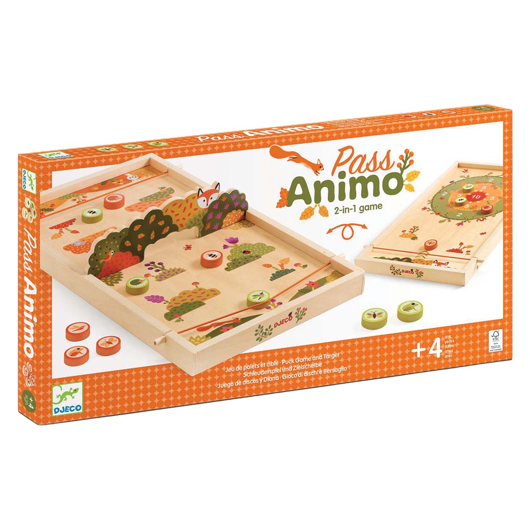 De verpakking van het Djeco Pass Animo houten behendigheidsspel met afbeeldingen van de twee spelvarianten.