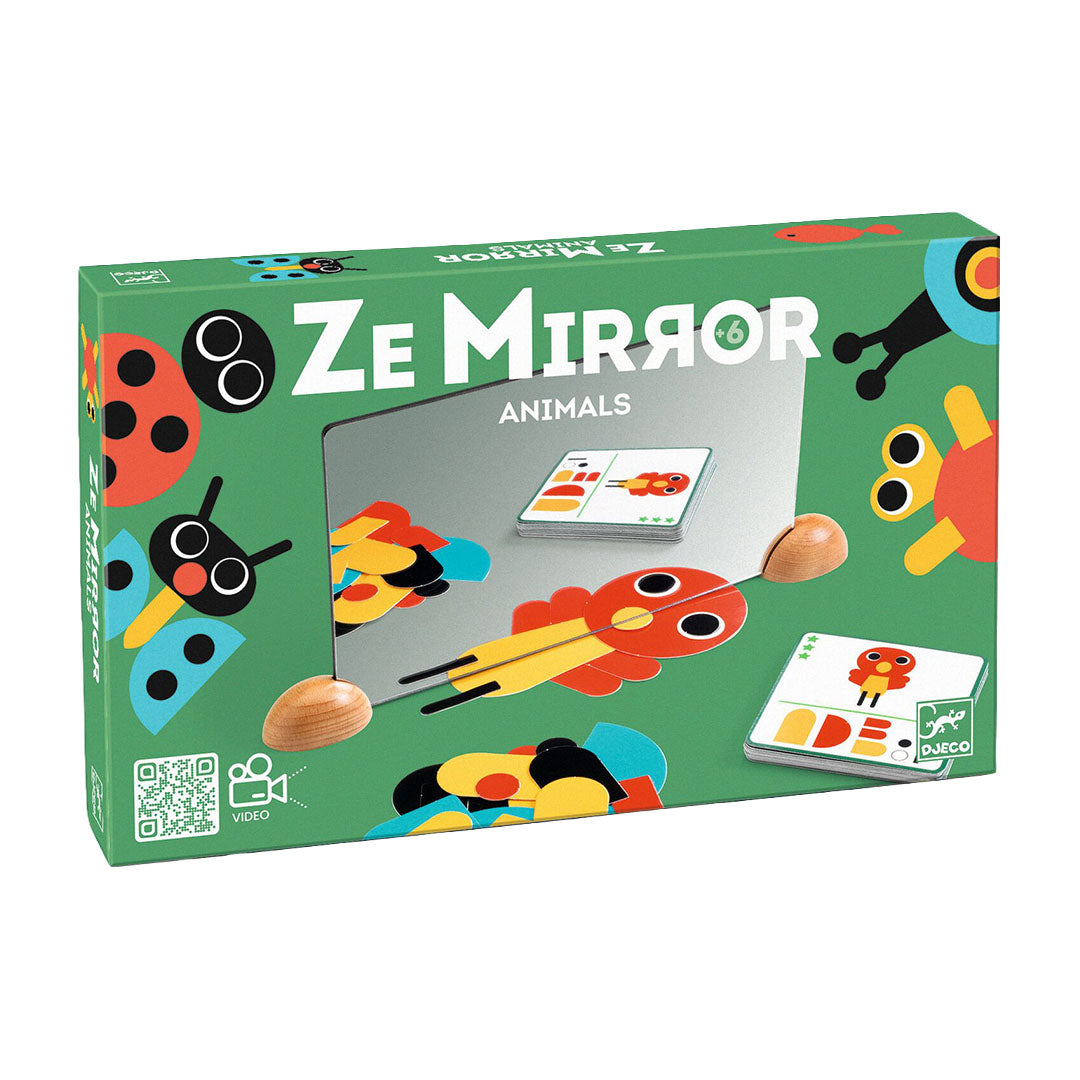 Djeco Ze Mirror Animals educatief spiegelspel verpakking met dierenpatronen.