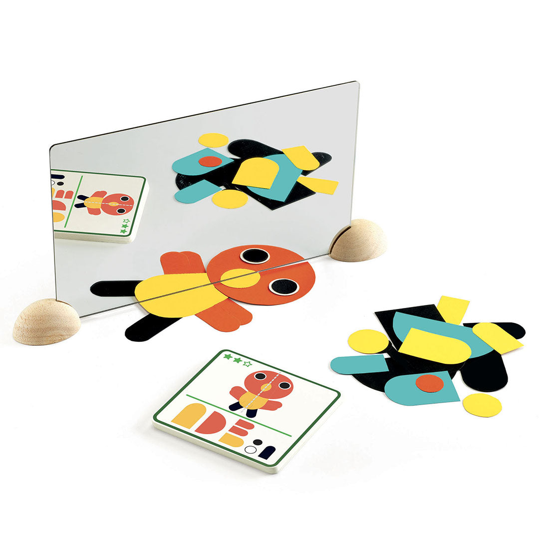 Djeco Ze Mirror Animals educatief spiegelspel met een spiegel, houten onderdelen en kleurrijke vormen die een dier vormen.