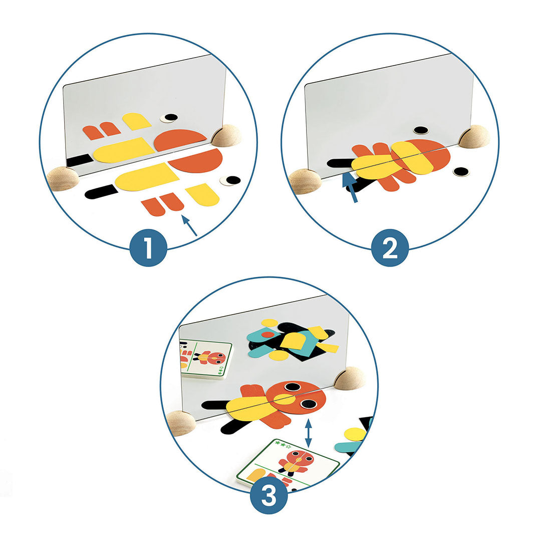 Infographic van het Djeco Ze Mirror Animals educatief spiegelspel met drie stappen van het spel.