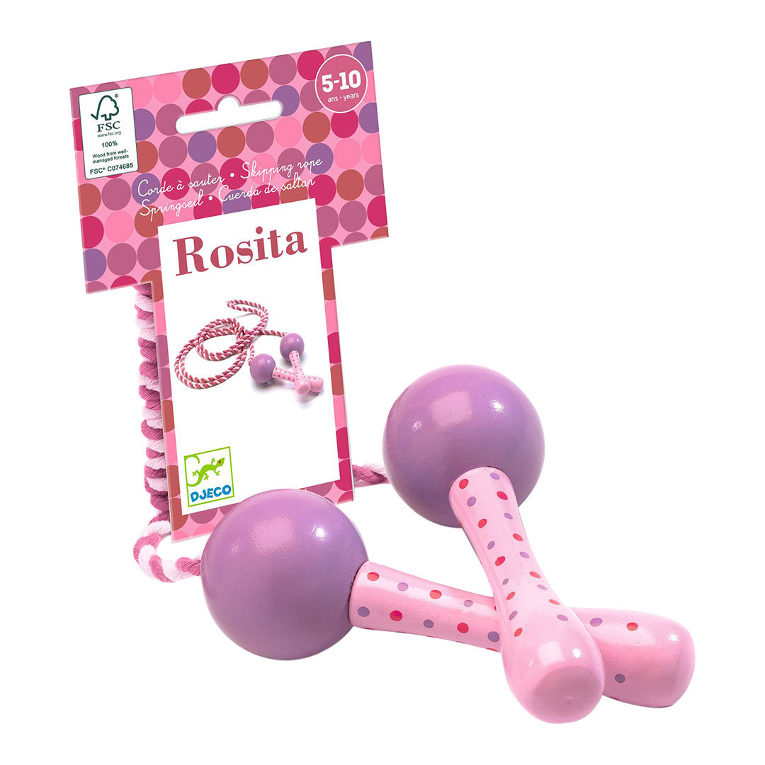 Djeco springtouw Rosita met roze en paarse houten handvatten, in de verpakking.