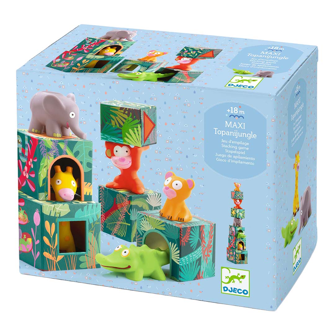 De Djeco verpakking van het babyspeelgoed met stapelblokken en jungledieren.