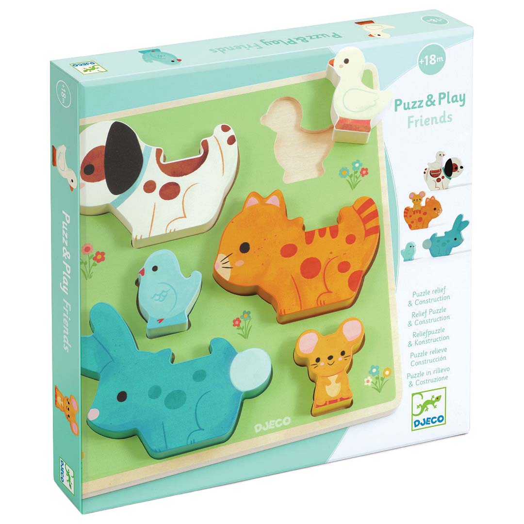 Djeco houten stapelpuzzel 'Friends' met dierenfiguren, getoond in de verpakking.