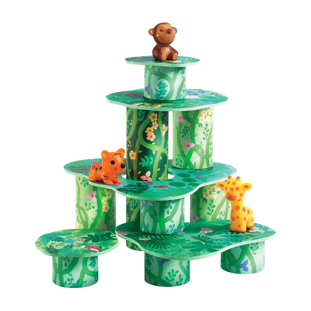 Djeco stapeltoren Topanitube met junglepatroon en drie dierenfiguren, opgebouwd als een hoge toren.