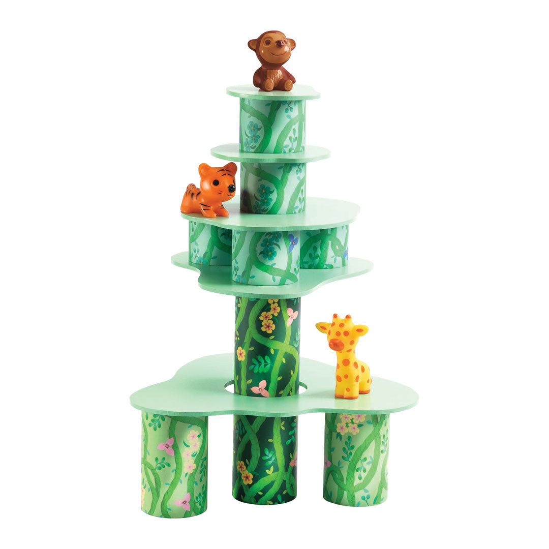 Djeco stapeltoren Topanitube met junglepatroon en drie dierenfiguren, opgebouwd als een compacte toren.