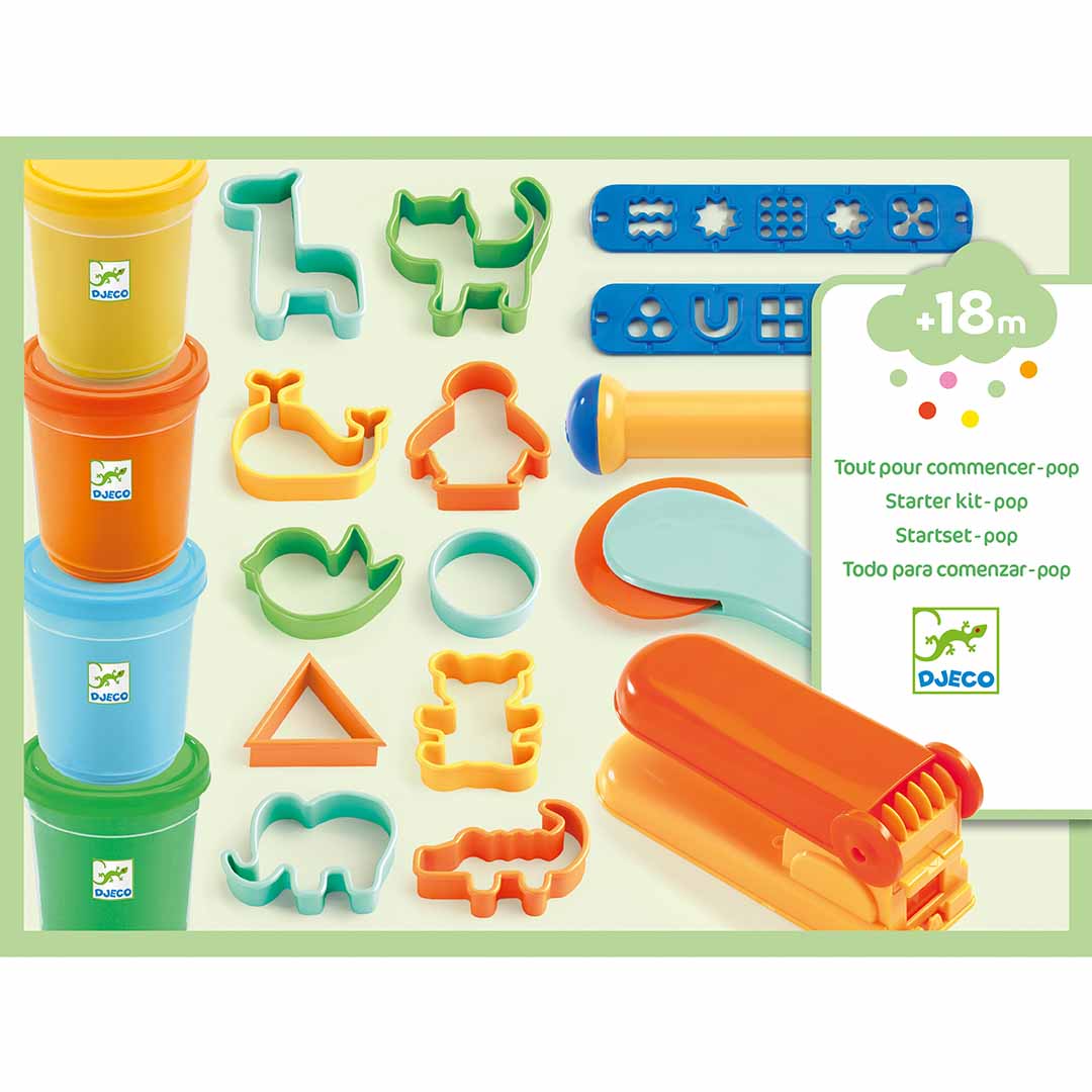 Djeco starterkit boetseerklei verpakking met de inhoud: vier potjes klei, dierenvormpjes en gereedschap voor kinderen vanaf 18 maanden.