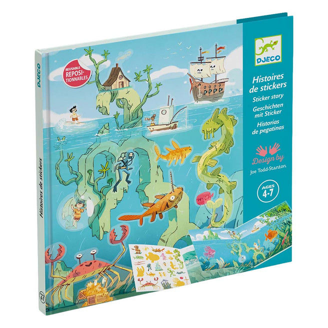 Djeco stickerboek 'Histoires de stickers' met een onderwaterwereld en zeedieren op de voorkant.