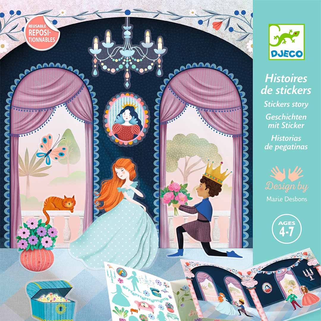Djeco stickerboek verpakking met een prinses, prins en kat in een kasteelkamer.