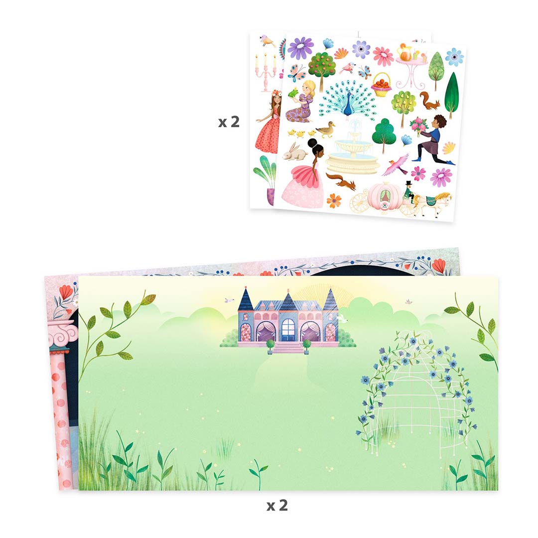 Collectie van Djeco stickerboek onderdelen met twee vellen stickers en twee achtergrondvellen van een kasteeltuin.