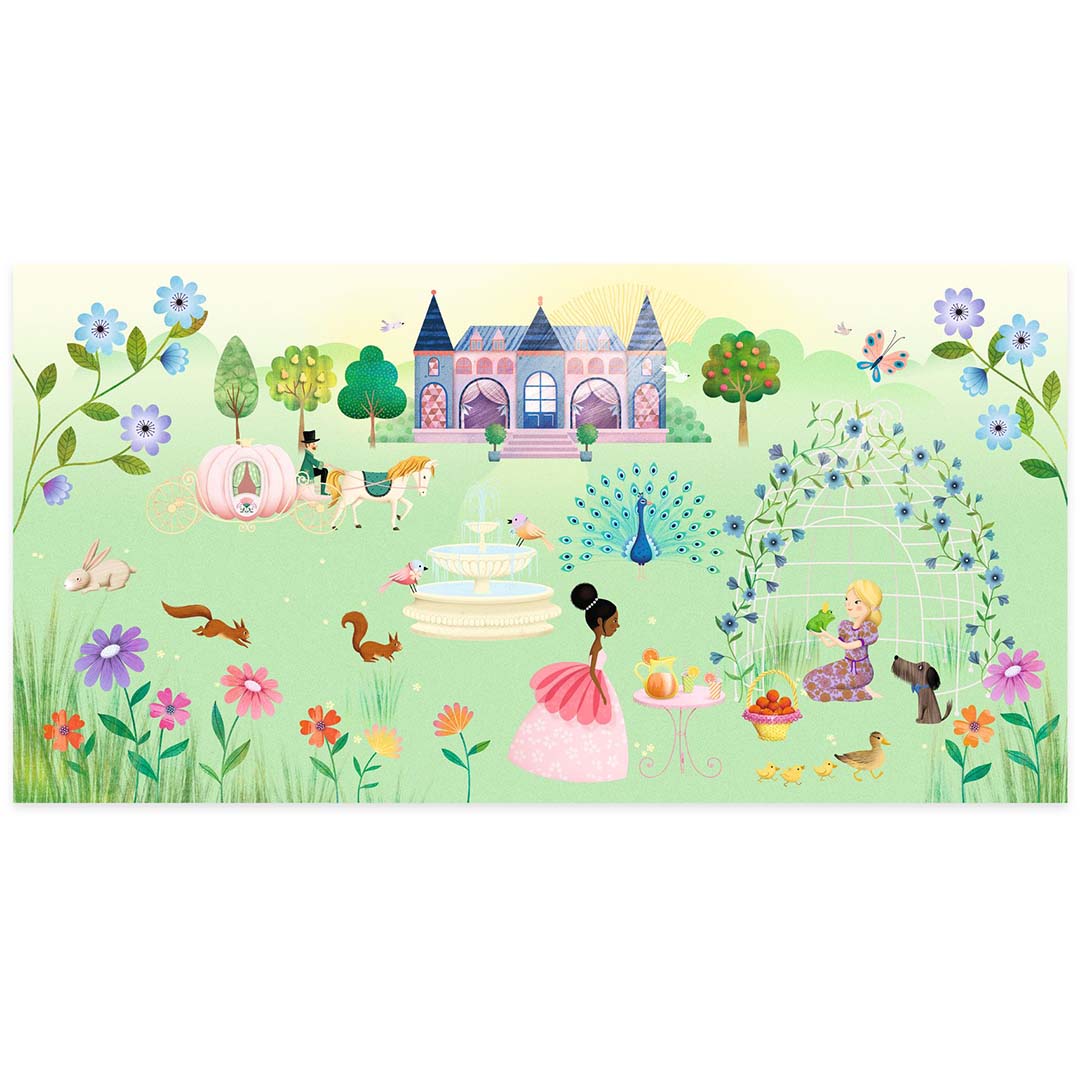 Gedetailleerde achtergrond van het stickerboek met een kasteel, prinses, koets en dieren in een droomwereld kasteeltuin.