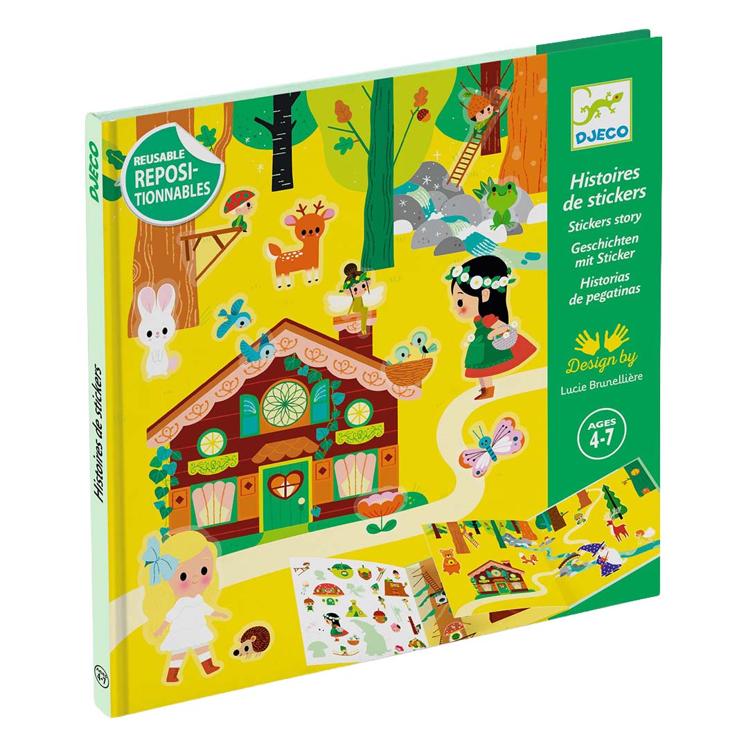Djeco stickerboek 'Histoires de stickers' met een illustratie van een toverbos met dieren en een meisje op de voorkant.