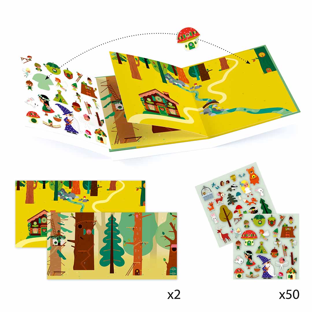 Djeco stickerboek met twee uitklapbare achtergrondscènes van een toverbos en twee vellen met herbruikbare stickers van dieren en figuren.
