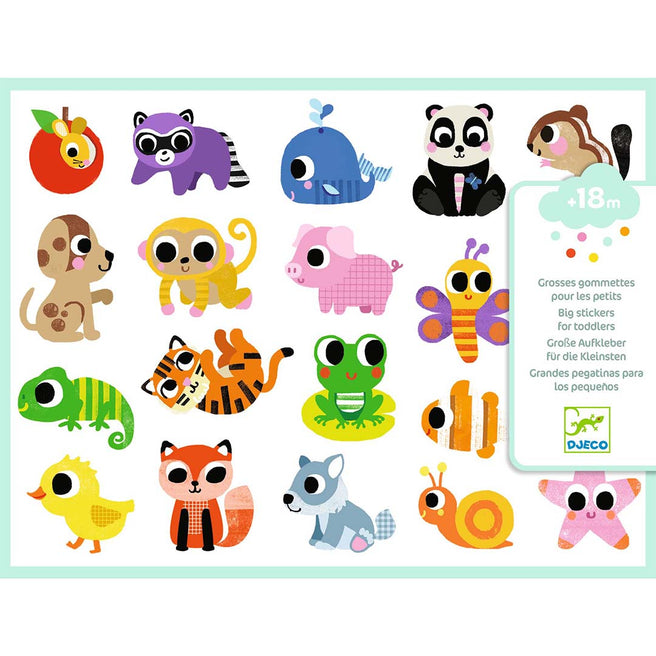 Djeco stickervel met diverse kleurrijke babydieren en leeftijdsindicatie voor peuters.