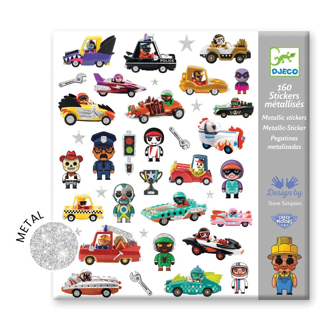 Djeco stickervel met 160 metallic stickers van figuren en voertuigen uit de Crazy Motors serie, met een metallic textuurvoorbeeld.