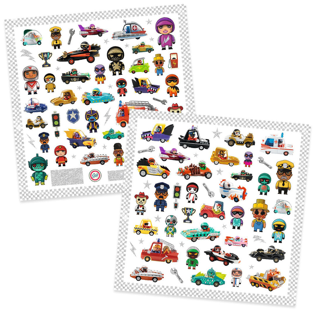 Twee vellen met Djeco metallic stickers van figuren en voertuigen uit de Crazy Motors serie.