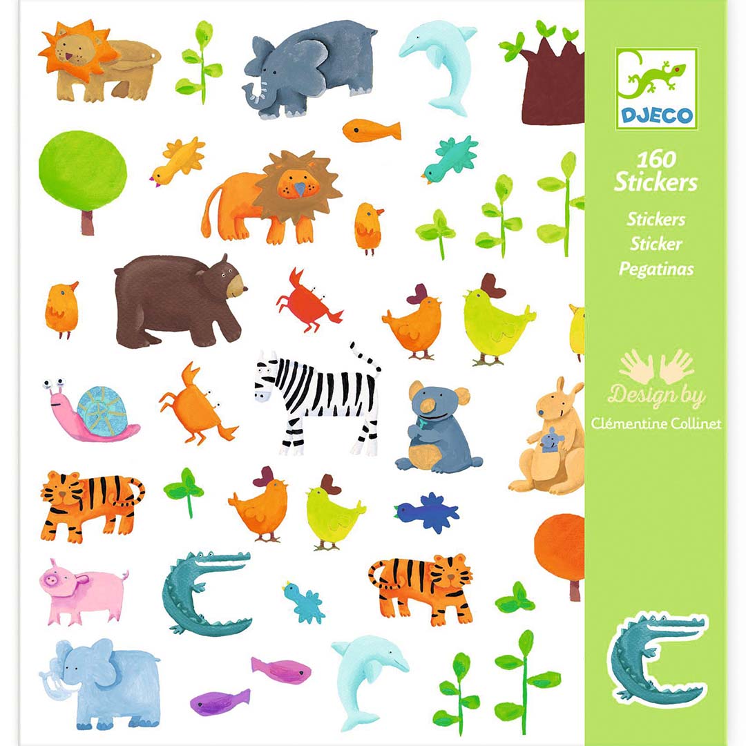 Djeco verpakking van 160 dierenstickers met illustraties van diverse wilde en boerderijdieren.