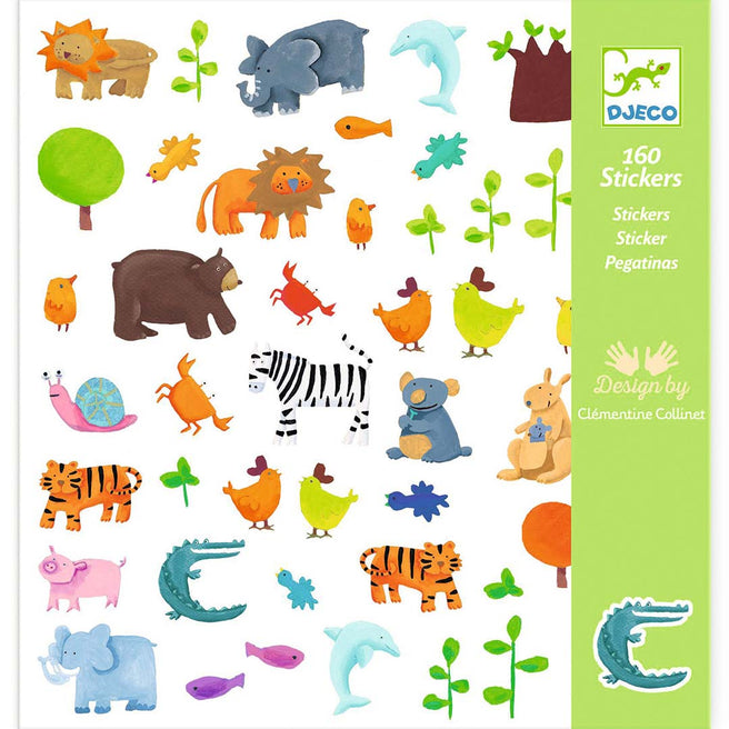 Djeco verpakking van 160 dierenstickers met illustraties van diverse wilde en boerderijdieren.
