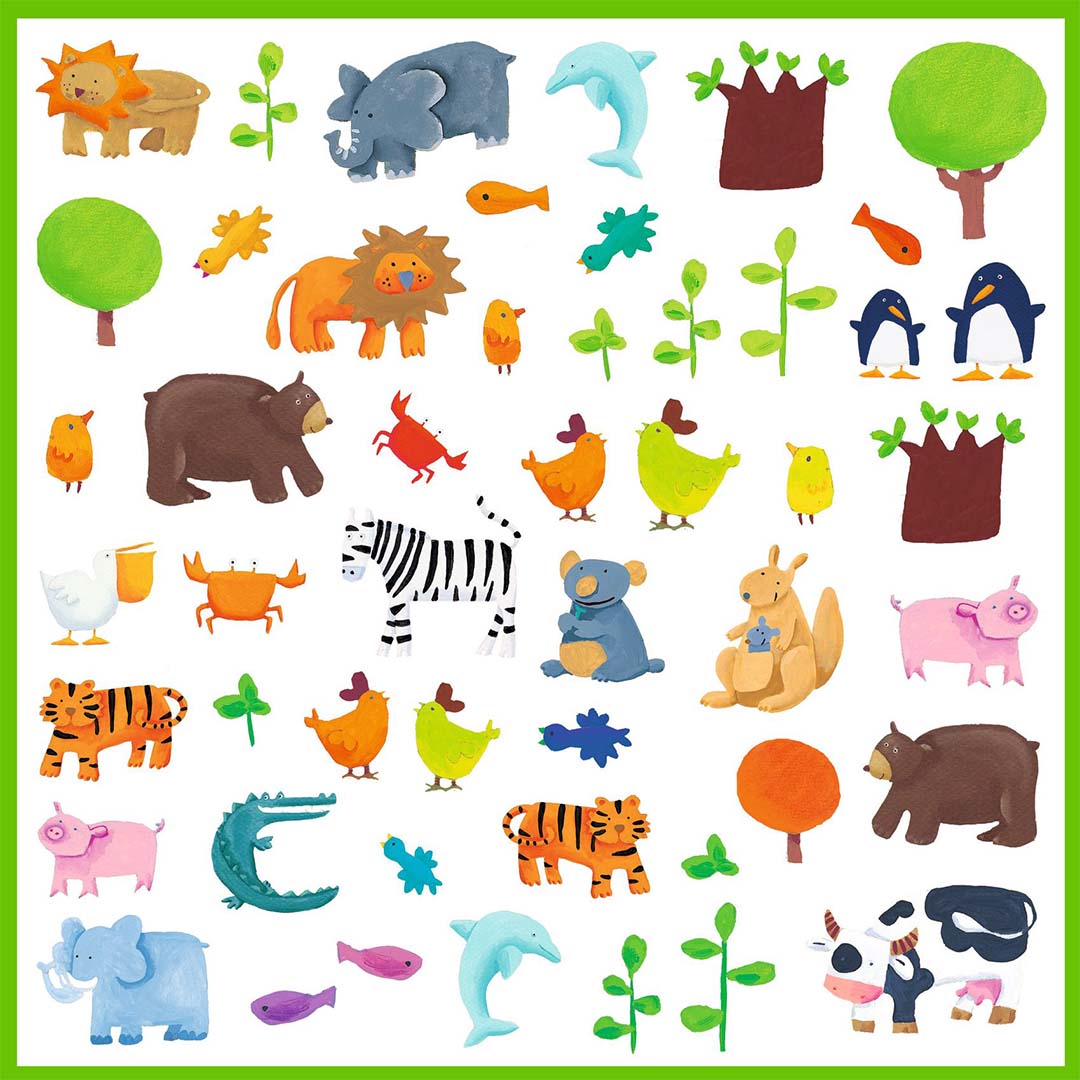 Een compleet vel Djeco dierenstickers met illustraties van diverse wilde en boerderijdieren en planten.