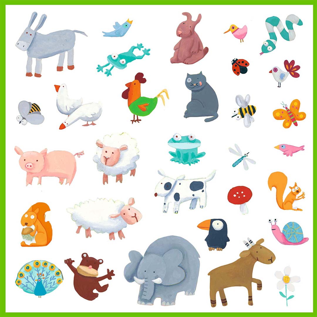 Een vel Djeco dierenstickers met illustraties van boerderijdieren, insecten en bosdieren.