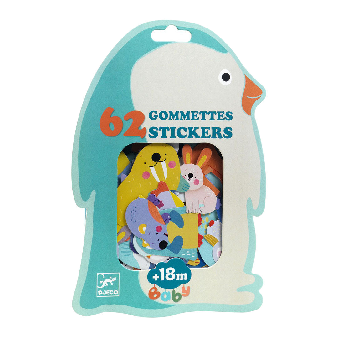 Djeco baby stickers dieren van de ijsvlakte in een pinguïnvormige verpakking.