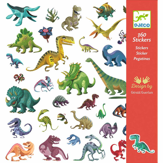 DJECO stickervel met 160 kleurrijke dinosaurusstickers en de rode verpakking.