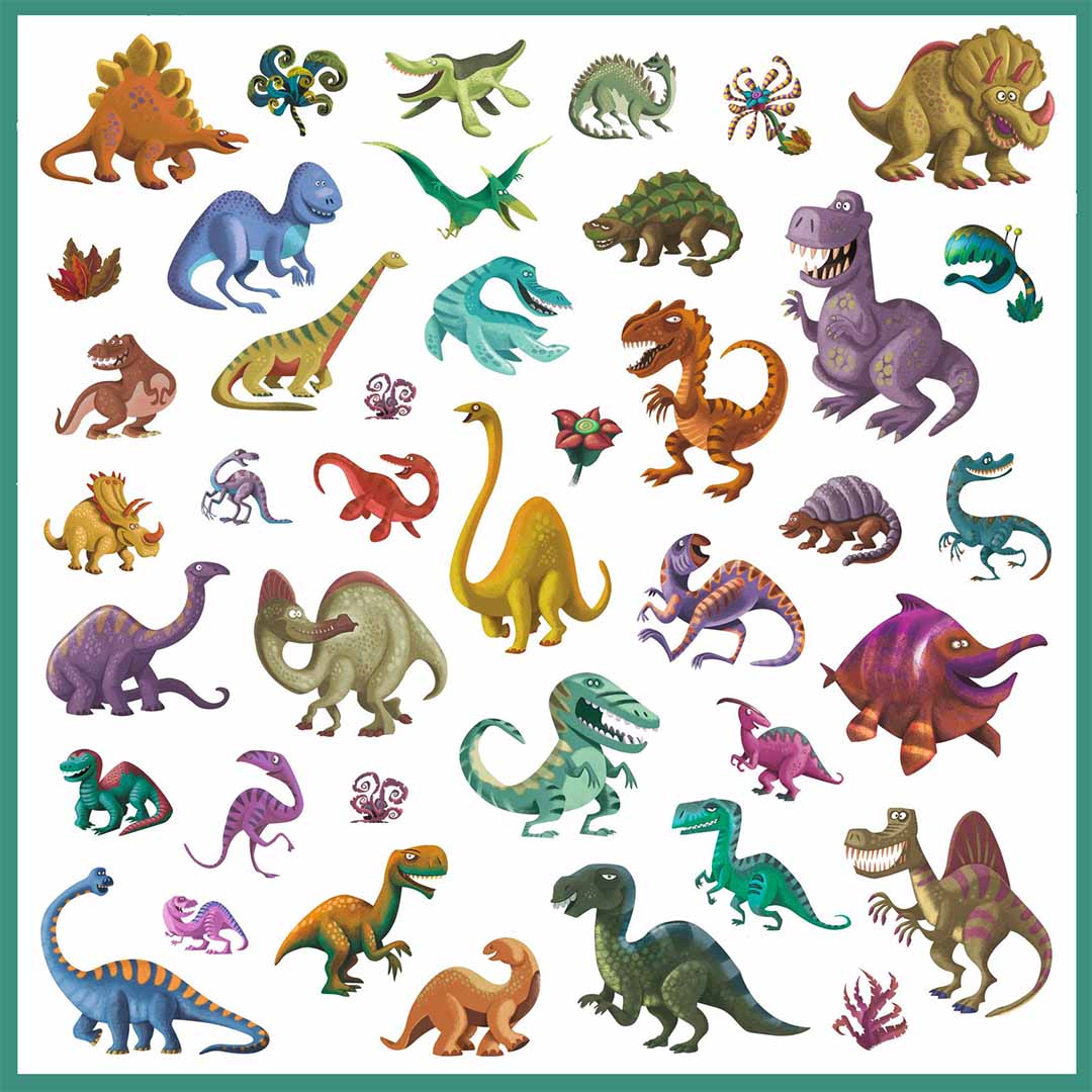 Een ander vel met diverse kleurrijke DJECO dinosaurusstickers.