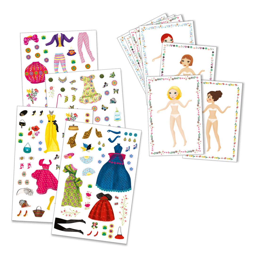 Vellen met Djeco aankleedpoppen en bijbehorende kledingstickers en accessoires.