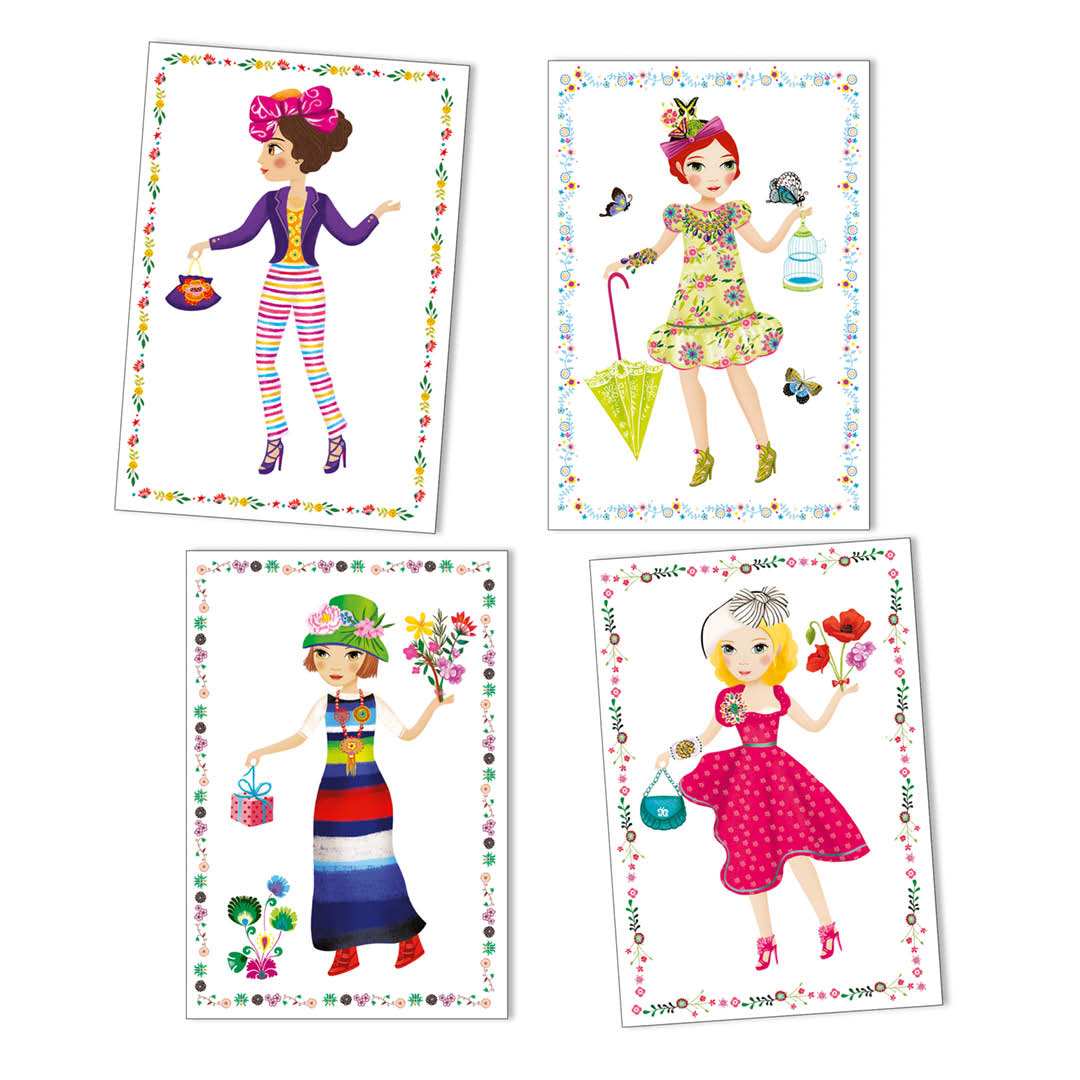 Vier voorbeelden van aangeklede papieren poppen met diverse outfits en accessoires.