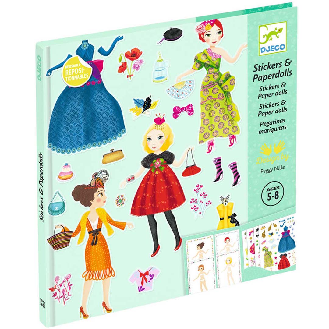 Djeco stickerset met aankleedpoppen modellen, getoond op de productverpakking.