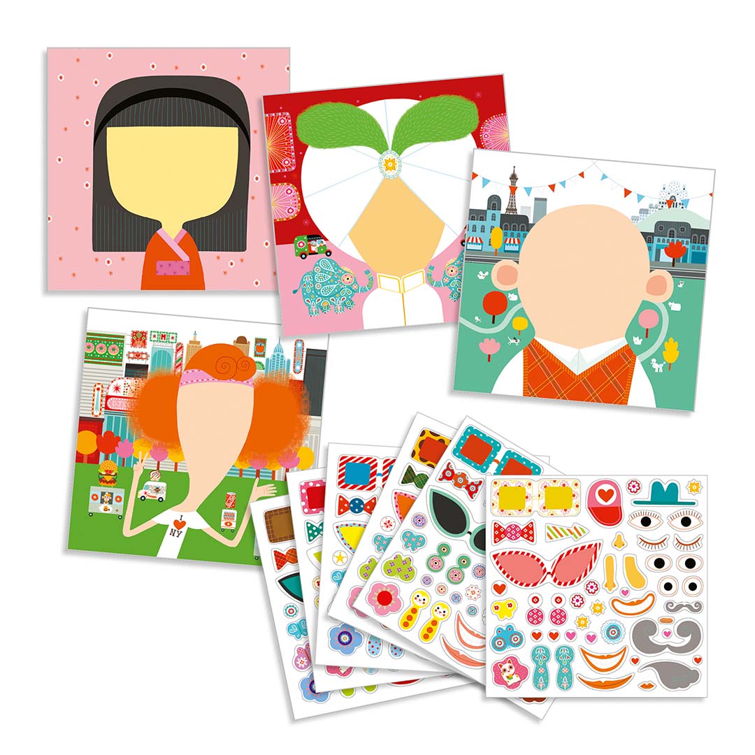 De Djeco stickerset met blanco gezichtskaarten en diverse vellen met stickers.