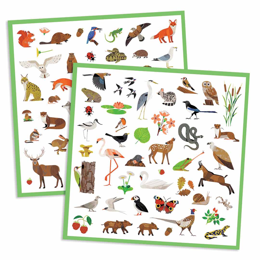 Twee schuin geplaatste vellen met Djeco dieren- en natuurstickers.