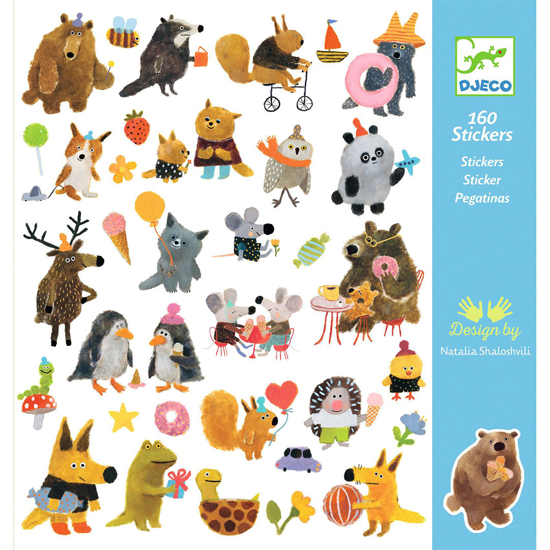 Djeco stickers fluffy friends verpakking met een kleurrijke collectie van 160 dierenstickers.