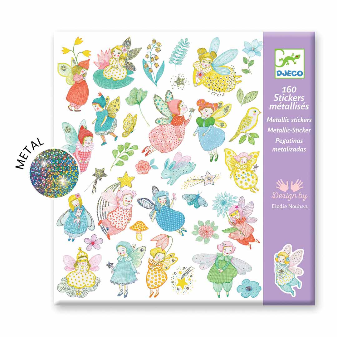 De verpakking van Djeco glinsterende feeën stickers met 160 metallic stickers en een afbeelding van de feeën.