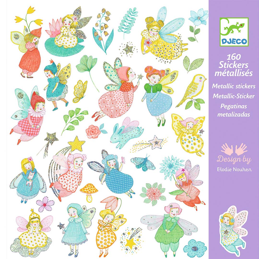 Djeco stickervel met glinsterende feeën, bloemen, sterren en dieren in een droomwereldthema.