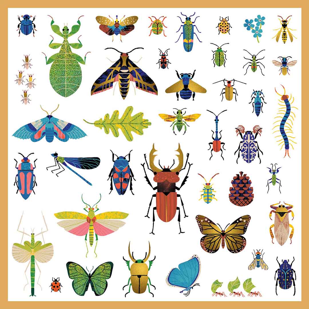 Collectie van diverse kleurrijke insectenstickers, waaronder vlinders, kevers en een bidsprinkhaan.