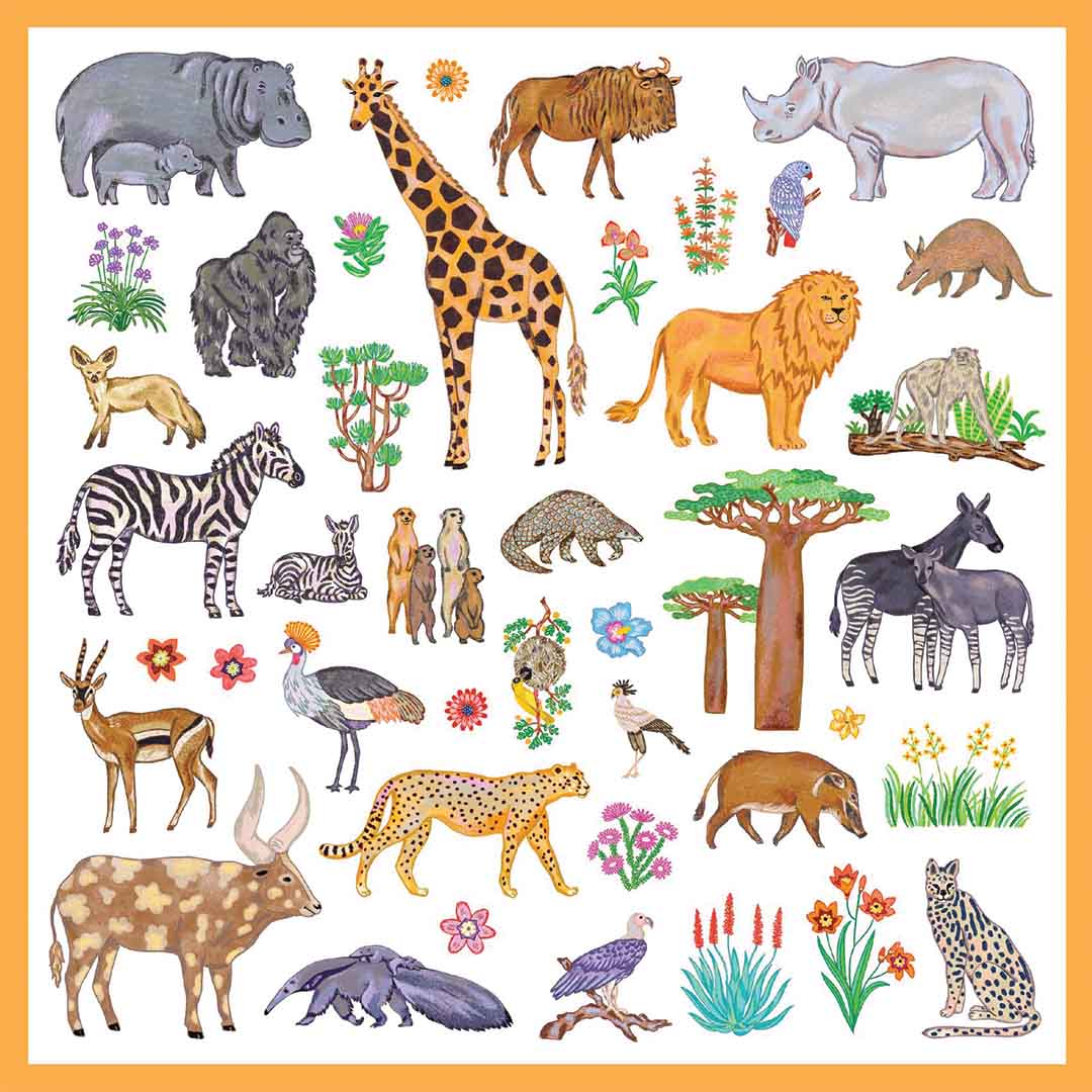 Een vel Djeco stickers met een giraffe, leeuw, zebra en andere safari dieren.