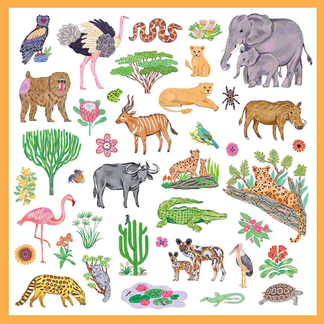 Een vel Djeco stickers met olifanten, flamingo's, krokodillen en andere exotische dieren.