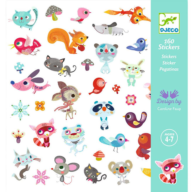Verpakking van Djeco stickers met 160 kleurrijke dieren en natuurmotieven voor kinderen van 4-7 jaar.