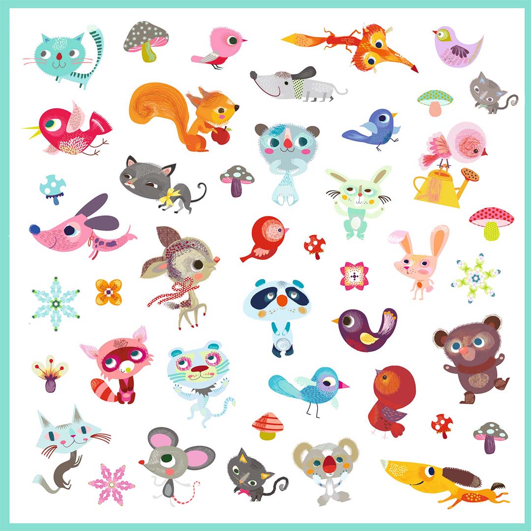 Een vel Djeco stickers met diverse kleurrijke dieren en natuurmotieven.