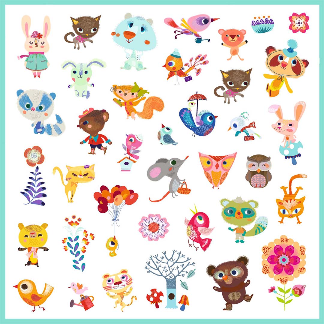 Een vel Djeco stickers met een andere collectie kleurrijke dieren en natuurmotieven.