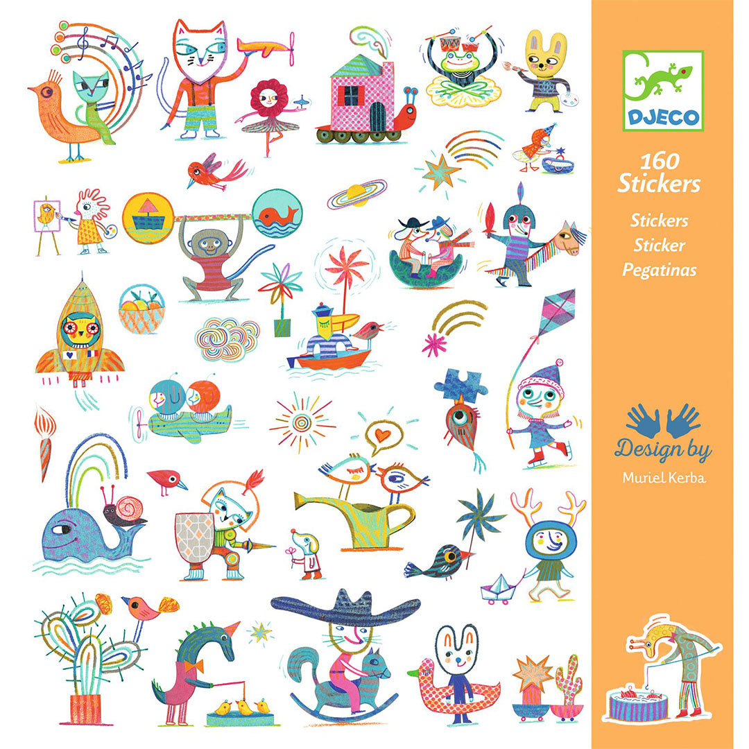 Djeco stickervel met 160 kleurrijke stickers van diverse figuren, dieren en objecten.
