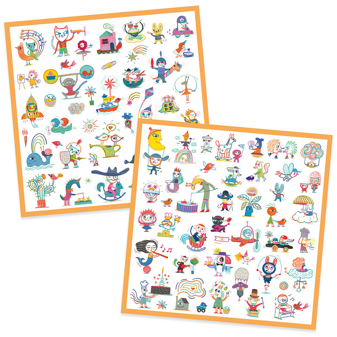 Twee schuin geplaatste Djeco stickervellen met diverse kleurrijke figuren en dieren.