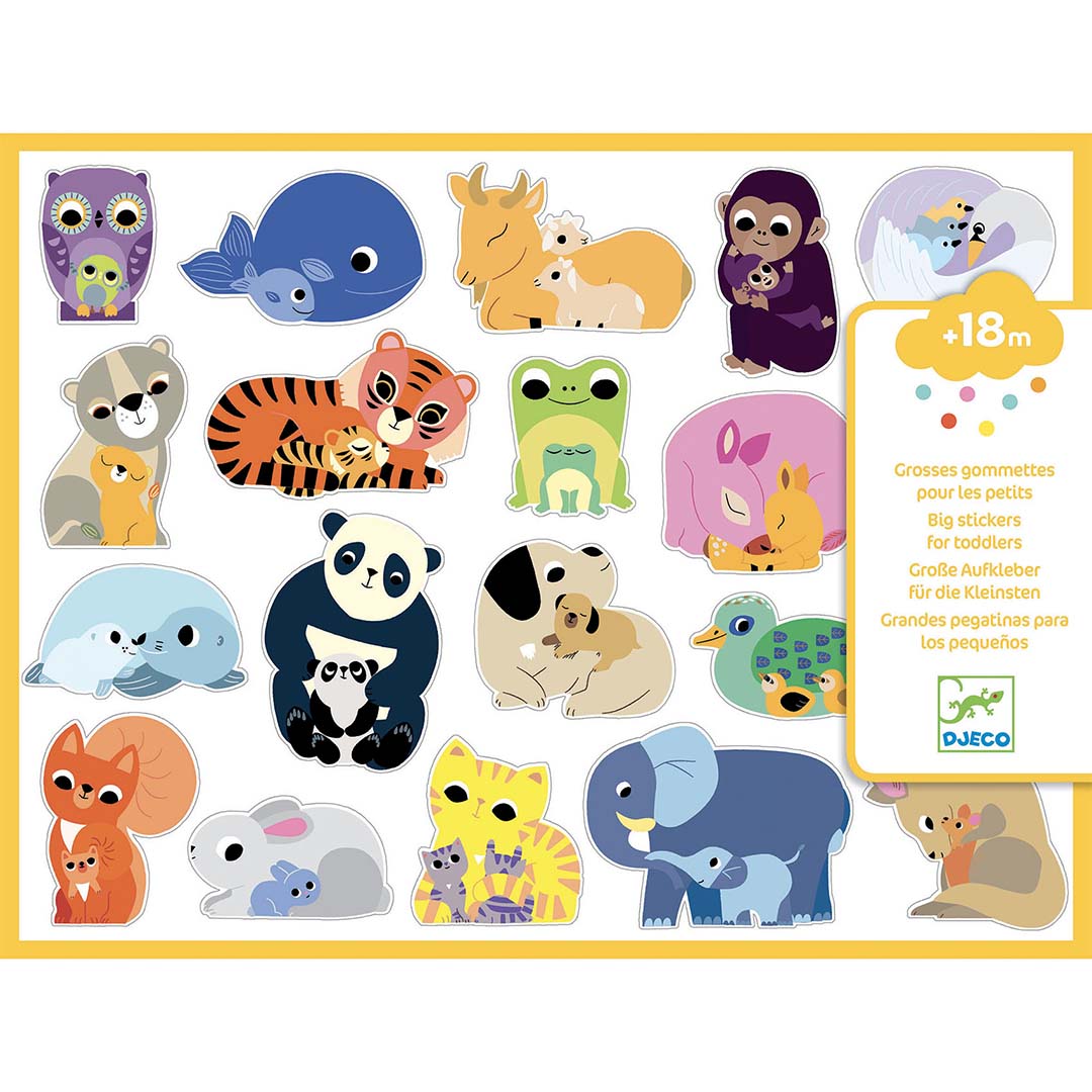 Djeco stickers voor peuters met diverse dierenmoeders en hun baby's op een vel.
