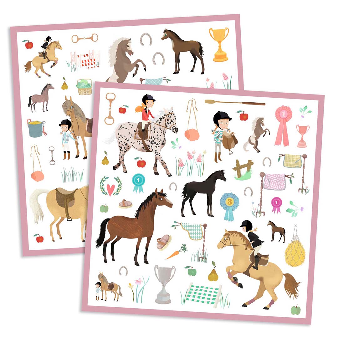 Twee vellen met diverse paardenstickers in paardrijthema.
