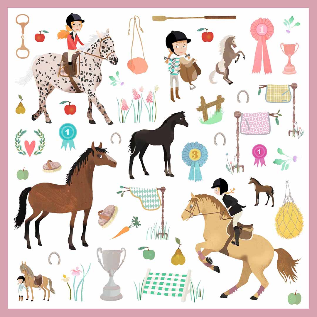 Een vel met paardenstickers van paarden, ruiters en paardrijaccessoires.