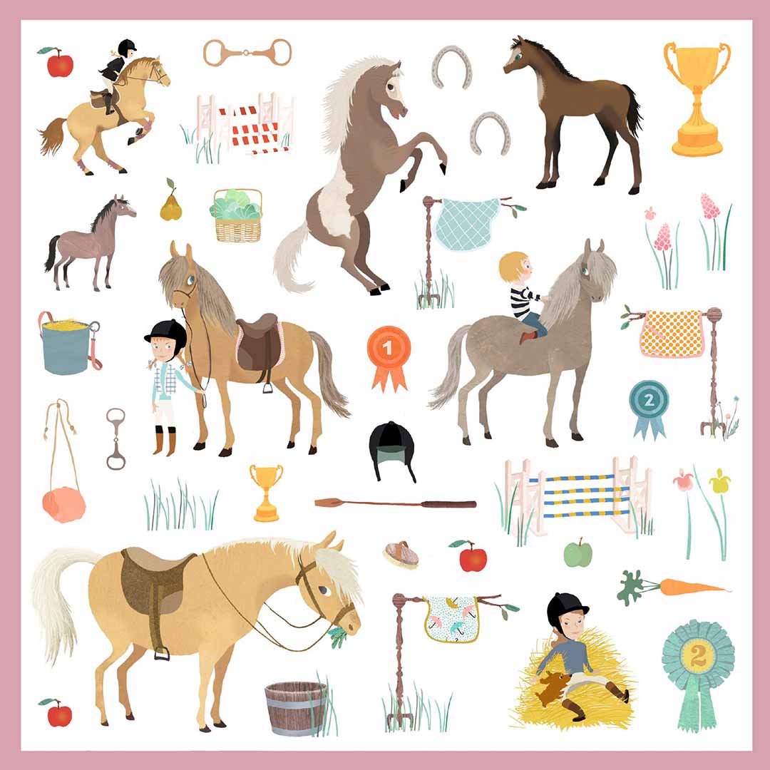 Een vel met paardenstickers van paarden, ruiters en paardrijaccessoires.