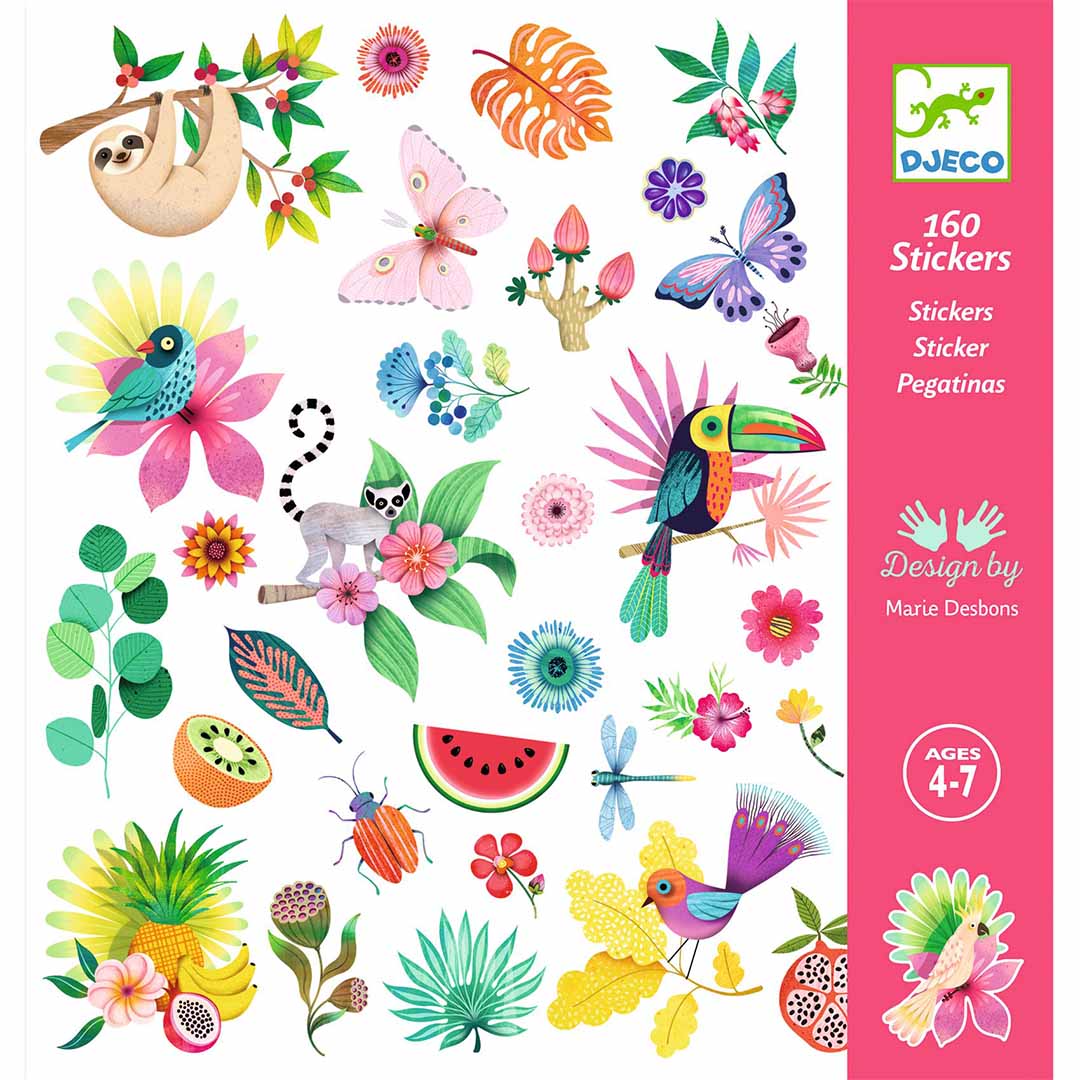 Djeco verpakking van 160 stickers met een paradijs thema, inclusief dieren, bloemen en vruchten.